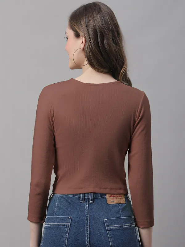 Brown_Cotton_Rib_Round_Neck_Knot_Top_For_Women