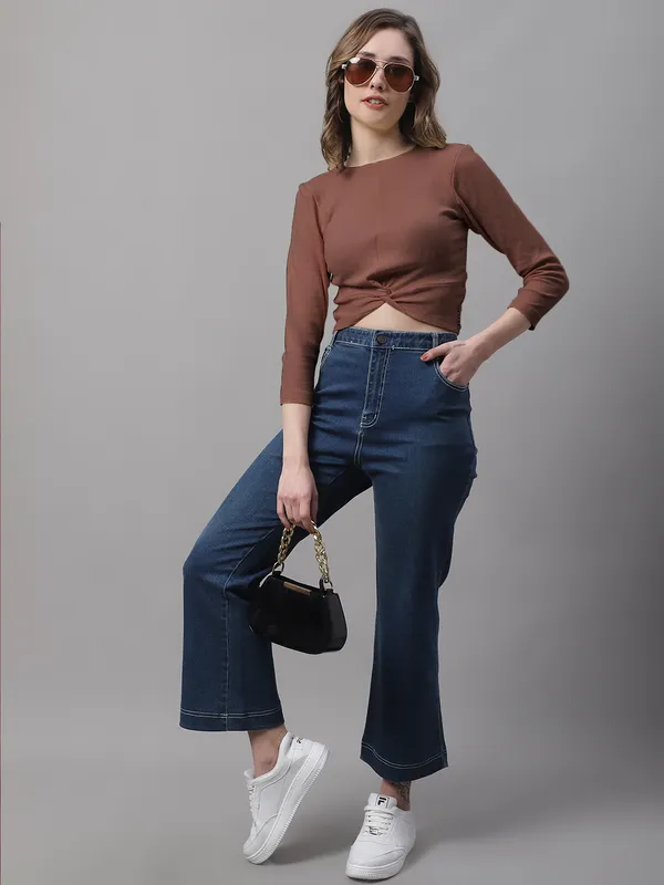 Brown_Cotton_Rib_Round_Neck_Knot_Top_For_Women