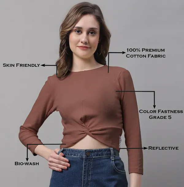 Brown_Cotton_Rib_Round_Neck_Knot_Top_For_Women
