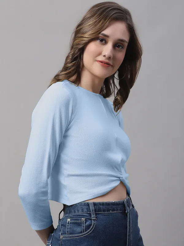 Turquoise_Cotton_Rib_Round_Neck_Knot_Top_For_Women