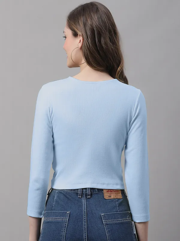 Turquoise_Cotton_Rib_Round_Neck_Knot_Top_For_Women