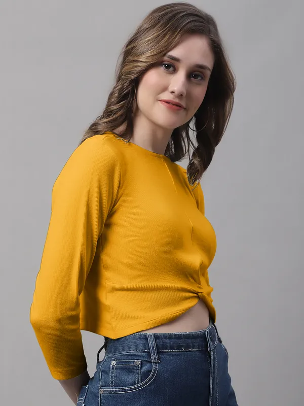 Gold_Cotton_Rib_Round_Neck_Knot_Top_For_Women