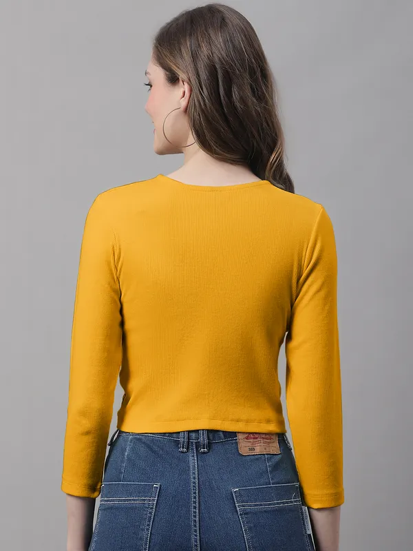 Gold_Cotton_Rib_Round_Neck_Knot_Top_For_Women