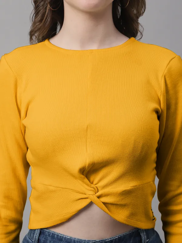 Gold_Cotton_Rib_Round_Neck_Knot_Top_For_Women