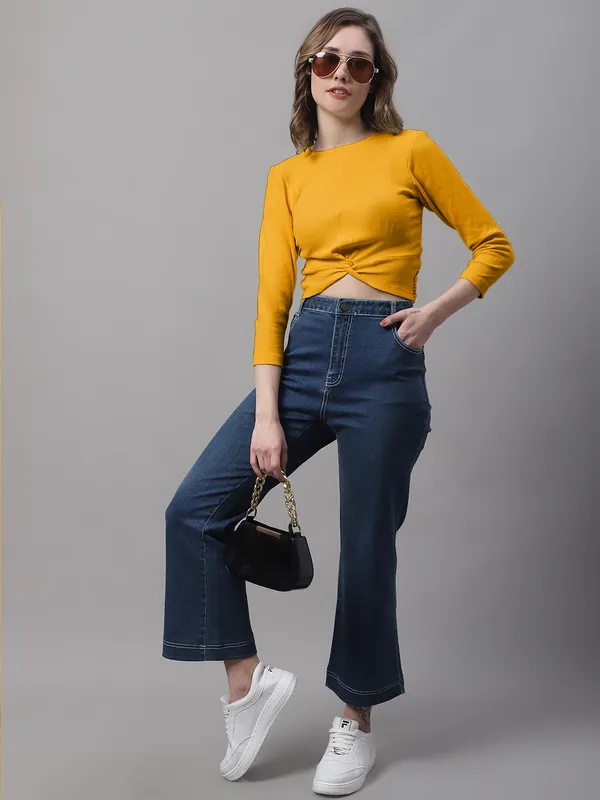 Gold_Cotton_Rib_Round_Neck_Knot_Top_For_Women