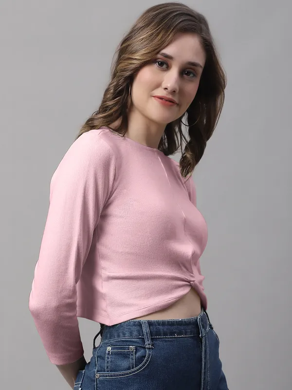Coral_Cotton_Rib_Round_Neck_Knot_Top_For_Women