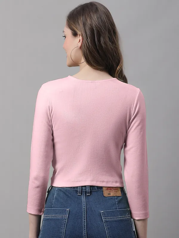 Coral_Cotton_Rib_Round_Neck_Knot_Top_For_Women