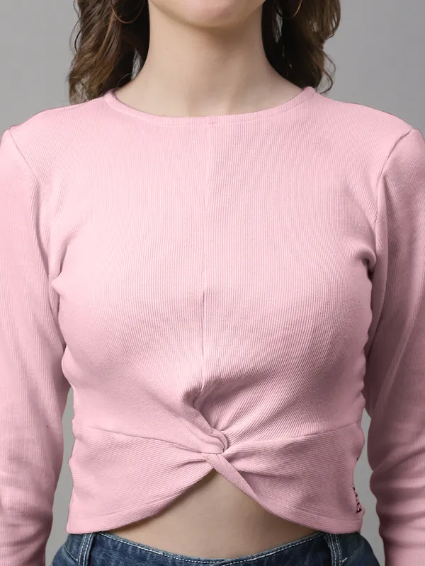 Coral_Cotton_Rib_Round_Neck_Knot_Top_For_Women