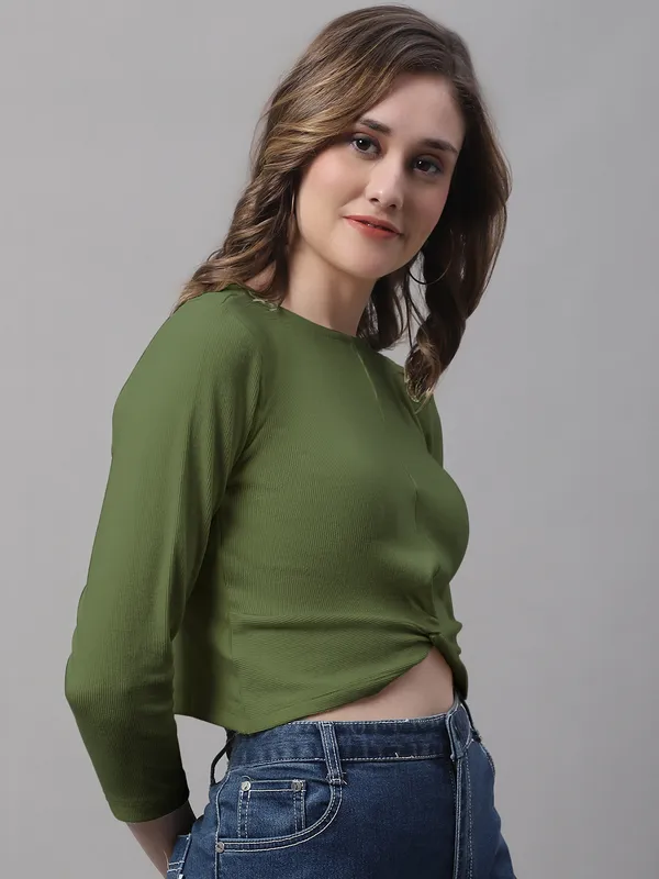 Olive_Cotton_Rib_Round_Neck_Knot_Top_For_Women