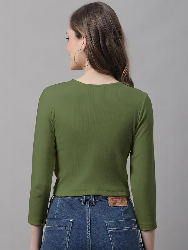 Olive_Cotton_Rib_Round_Neck_Knot_Top_For_Women