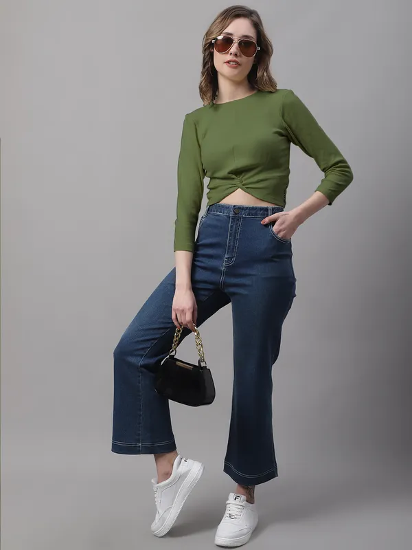 Olive_Cotton_Rib_Round_Neck_Knot_Top_For_Women