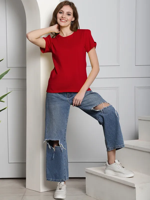 Pack_of_2_Black_&_Red_Cotton_Round_Neck_T-Shirt_For_Women