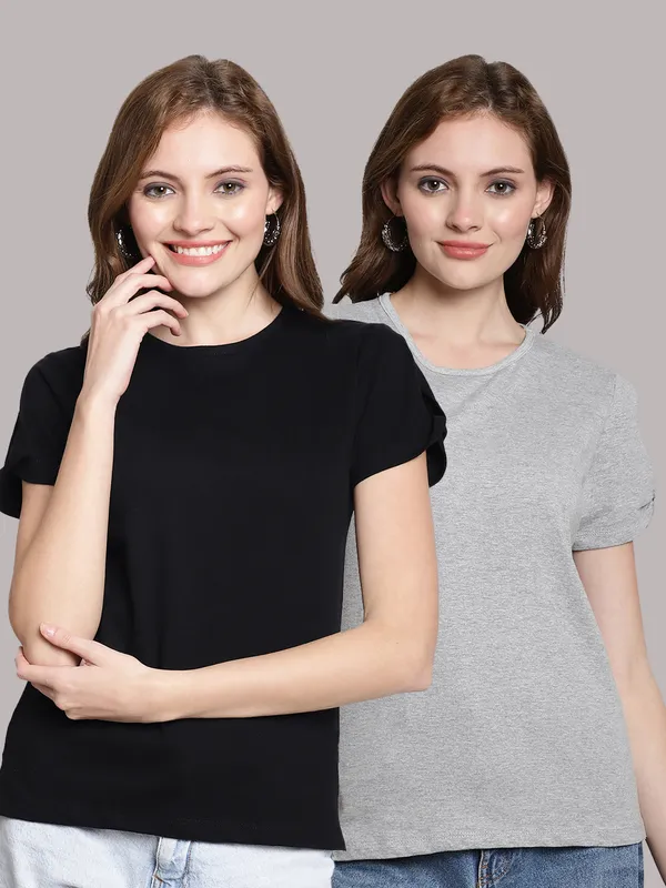 Pack_of_2_Black_&_Grey_Cotton_Round_Neck_T-Shirt_For_Women