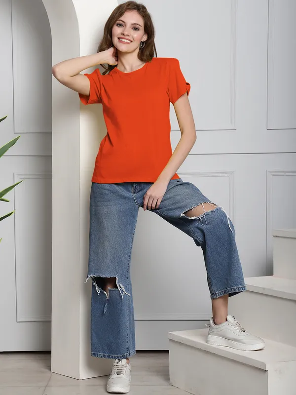 Pack_of_2_Black_&_Orange_Cotton_Round_Neck_T-Shirt_For_Women