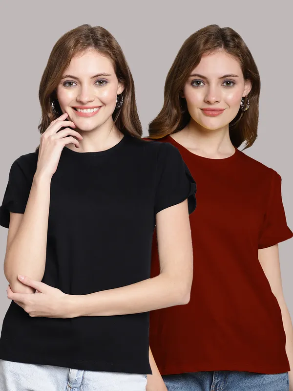 Pack_of_2_Black_&_Maroon_Cotton_Round_Neck_T-Shirt_For_Women