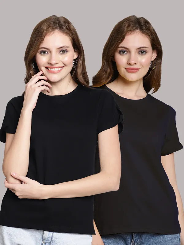 Pack_of_2_Black_&_Navy_Blue_Cotton_Round_Neck_T-Shirt_For_Women