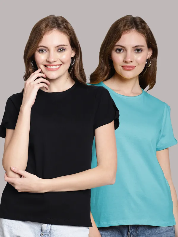Pack_of_2_Black_&_Turquoise_Blue_Cotton_Round_Neck_T-Shirt_For_Women