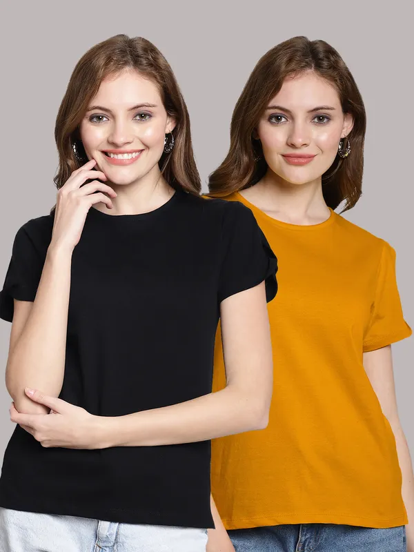 Pack_of_2_Black_&_Mustard_Cotton_Round_Neck_T-Shirt_For_Women
