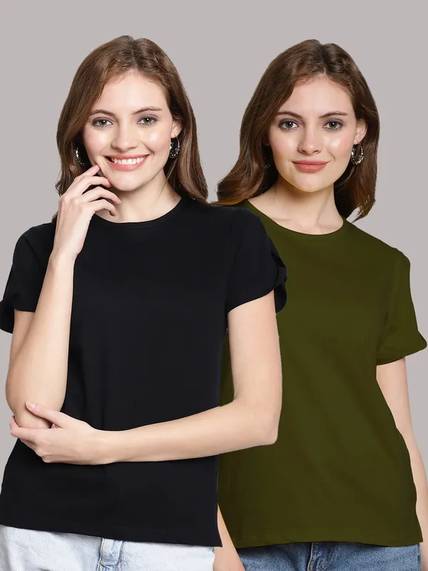 Pack_of_2_Black_&_Olive_Green_Cotton_Round_Neck_T-Shirt_For_Women