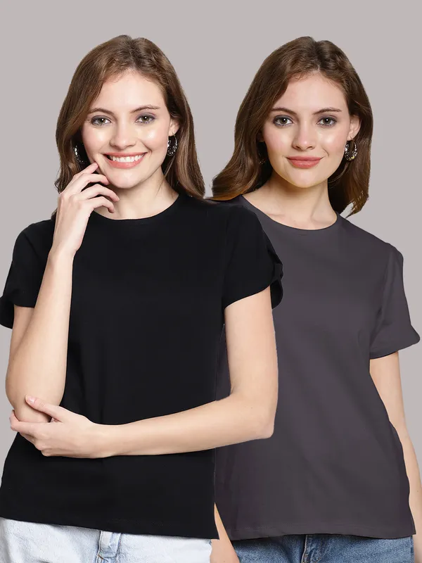 Pack_of_2_Black_&_Grey_Cotton_Round_Neck_T-Shirt_For_Women