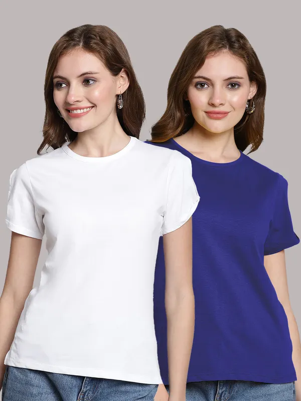 Pack_of_2_White_&_Blue_Cotton_Round_Neck_T-Shirt_For_Women