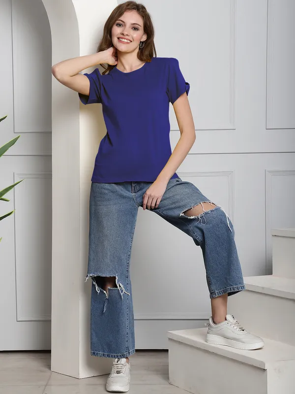 Pack_of_2_White_&_Blue_Cotton_Round_Neck_T-Shirt_For_Women