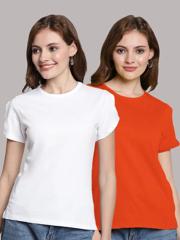 Pack_of_2_White_&_Orange_Cotton_Round_Neck_T-Shirt_For_Women
