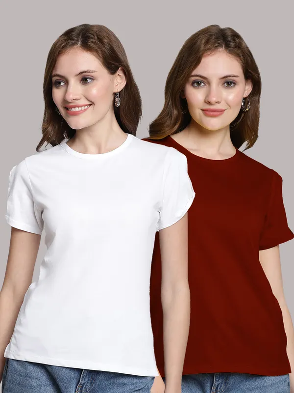 Pack_of_2_White_&_Maroon_Cotton_Round_Neck_T-Shirt_For_Women