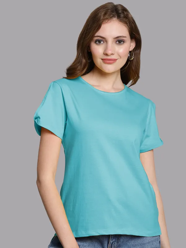 Pack_of_2_White_&_Turquoise_Blue_Cotton_Round_Neck_T-Shirt_For_Women