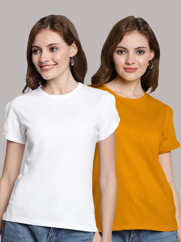 Pack_of_2_White_&_Mustard_Cotton_Round_Neck_T-Shirt_For_Women
