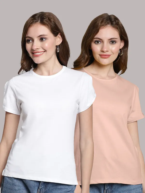 Pack_of_2_White_&_Coral_Cotton_Round_Neck_T-Shirt_For_Women
