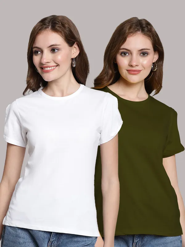 Pack_of_2_White_&_Olive_Green_Cotton_Round_Neck_T-Shirt_For_Women