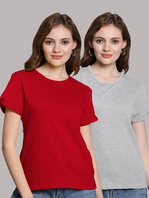 Pack_of_2_Red_&_Grey_Cotton_Round_Neck_T-Shirt_For_Women