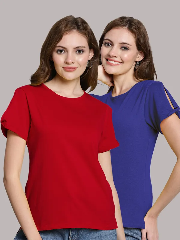 Pack_of_2_Red_&_Blue_Cotton_Round_Neck_T-Shirt_For_Women