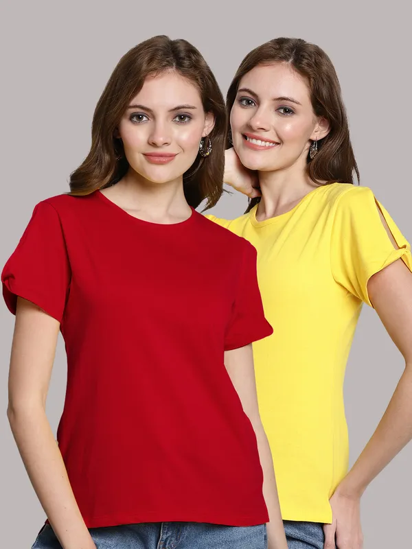 Pack_of_2_Red_&_Yellow_Cotton_Round_Neck_T-Shirt_For_Women
