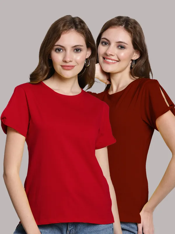 Pack_of_2_Red_&_Maroon_Cotton_Round_Neck_T-Shirt_For_Women