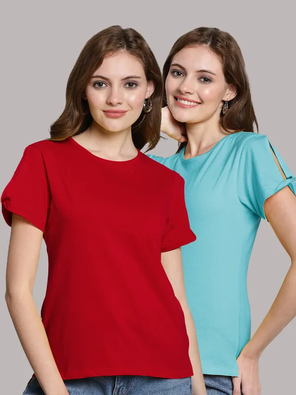 Pack_of_2_Red_&_Turquoise_Blue_Cotton_Round_Neck_T-Shirt_For_Women