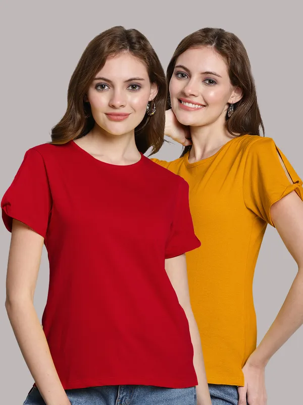 Pack_of_2_Red_&_Mustard_Cotton_Round_Neck_T-Shirt_For_Women