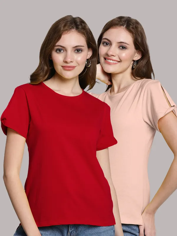 Pack_of_2_Red_&_Coral_Cotton_Round_Neck_T-Shirt_For_Women