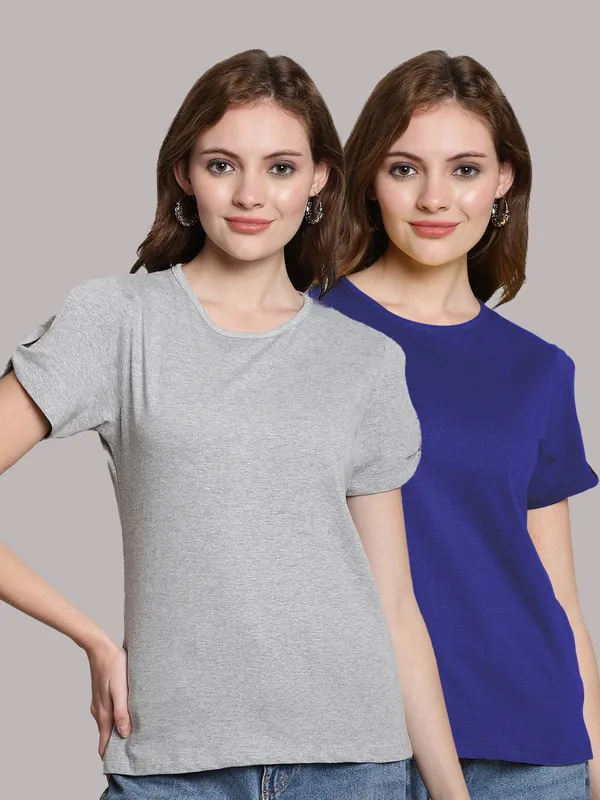 Pack_of_2_Grey_&_Blue_Cotton_Round_Neck_T-Shirt_For_Women