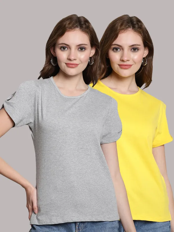 Pack_of_2_Grey_&_Yellow_Cotton_Round_Neck_T-Shirt_For_Women