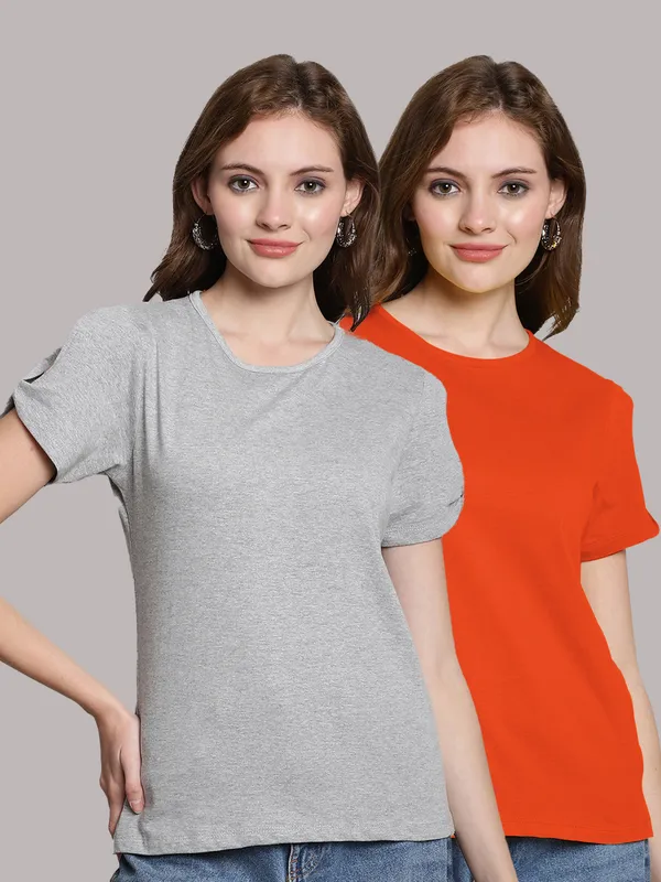 Pack_of_2_Grey_&_Orange_Cotton_Round_Neck_T-Shirt_For_Women
