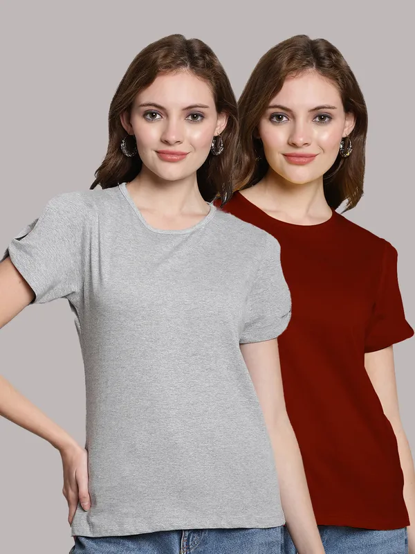 Pack_of_2_Grey_&_Maroon_Cotton_Round_Neck_T-Shirt_For_Women