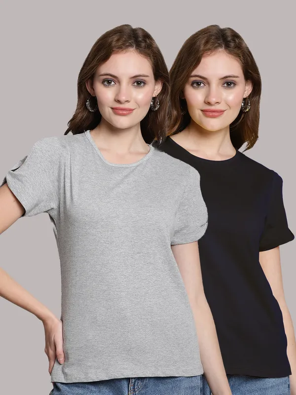 Pack_of_2_Grey_&_Navy_Blue_Cotton_Round_Neck_T-Shirt_For_Women