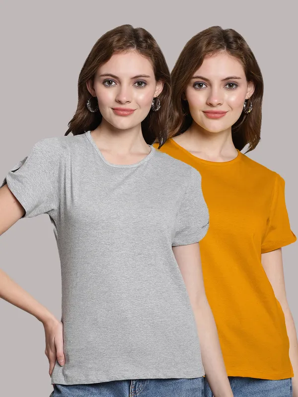 Pack_of_2_Grey_&_Mustard_Cotton_Round_Neck_T-Shirt_For_Women