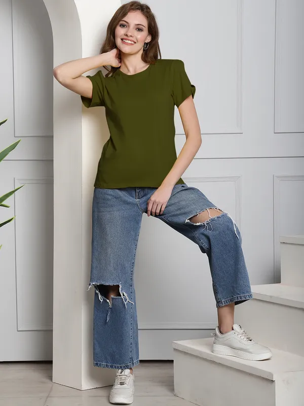 Pack_of_2_Grey_&_Olive_Green_Cotton_Round_Neck_T-Shirt_For_Women