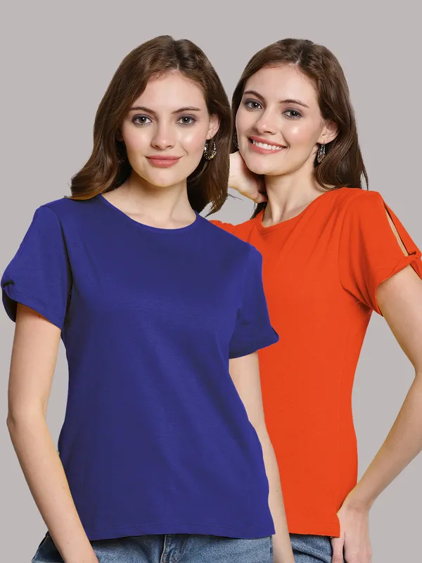 Pack_of_2_Blue_&_Orange_Cotton_Round_Neck_T-Shirt_For_Women