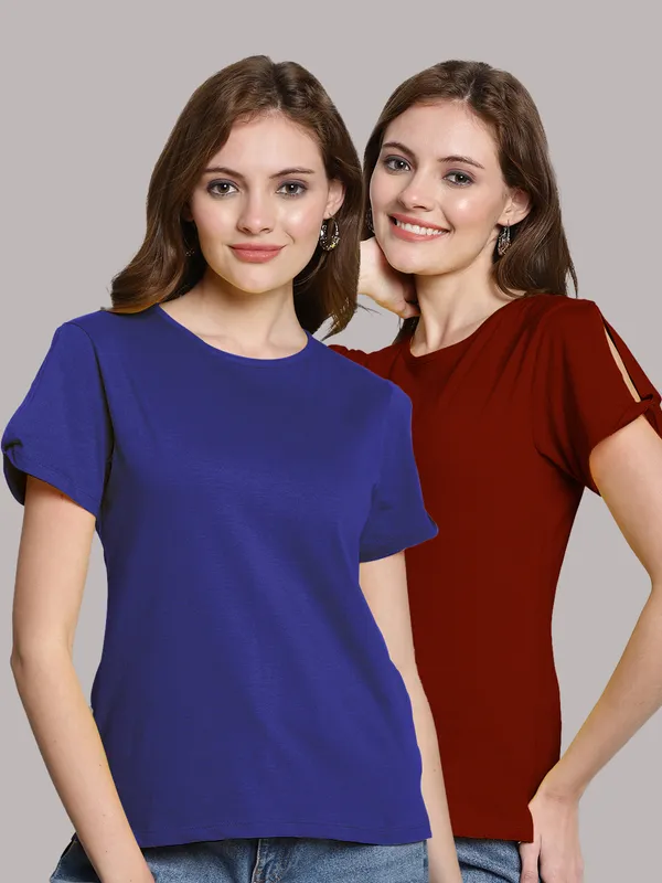 Pack_of_2_Blue_&_Maroon_Cotton_Round_Neck_T-Shirt_For_Women
