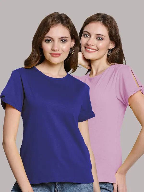 Pack_of_2_Blue_&_Purple_Cotton_Round_Neck_T-Shirt_For_Women