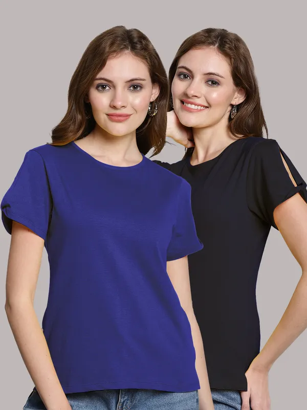 Pack_of_2_Blue_&_Navy_Blue_Cotton_Round_Neck_T-Shirt_For_Women